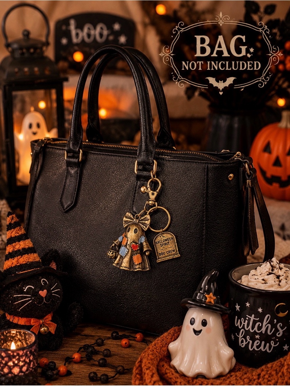 Halloween Ghost Bag Charm Keychain Boo Crew Patchwork Bronze - Picture 2 of 6